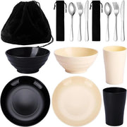 Set di utensili da campeggio riutilizzabili leggeri con tazze, piatti e forchette in acciaio inossidabile - resistente al lavastoviglie e duraturo