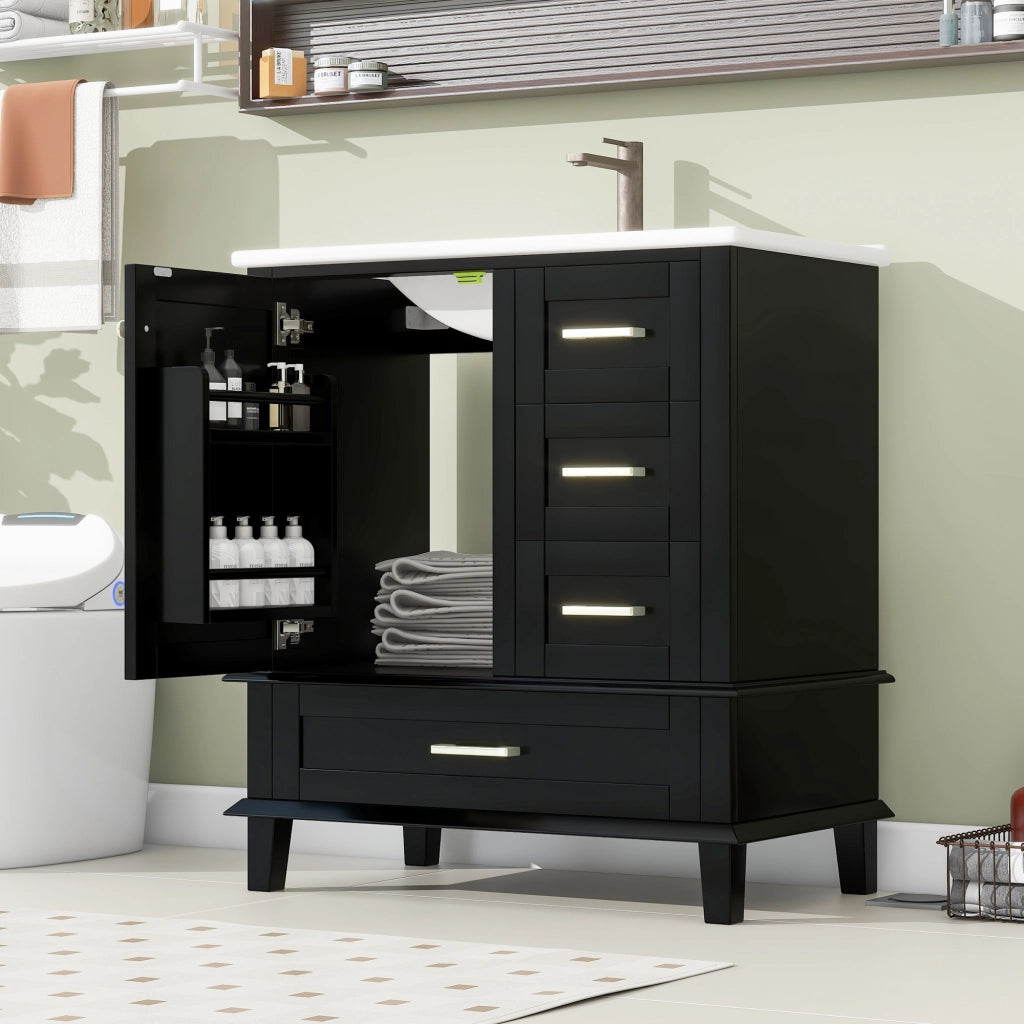 Mobile sottolavabo con lavabo in ceramica, 3 ante, 1 cassetto e ripiano regolabile, per bagno, nero, 76 × 45,5 × 83,5 cm