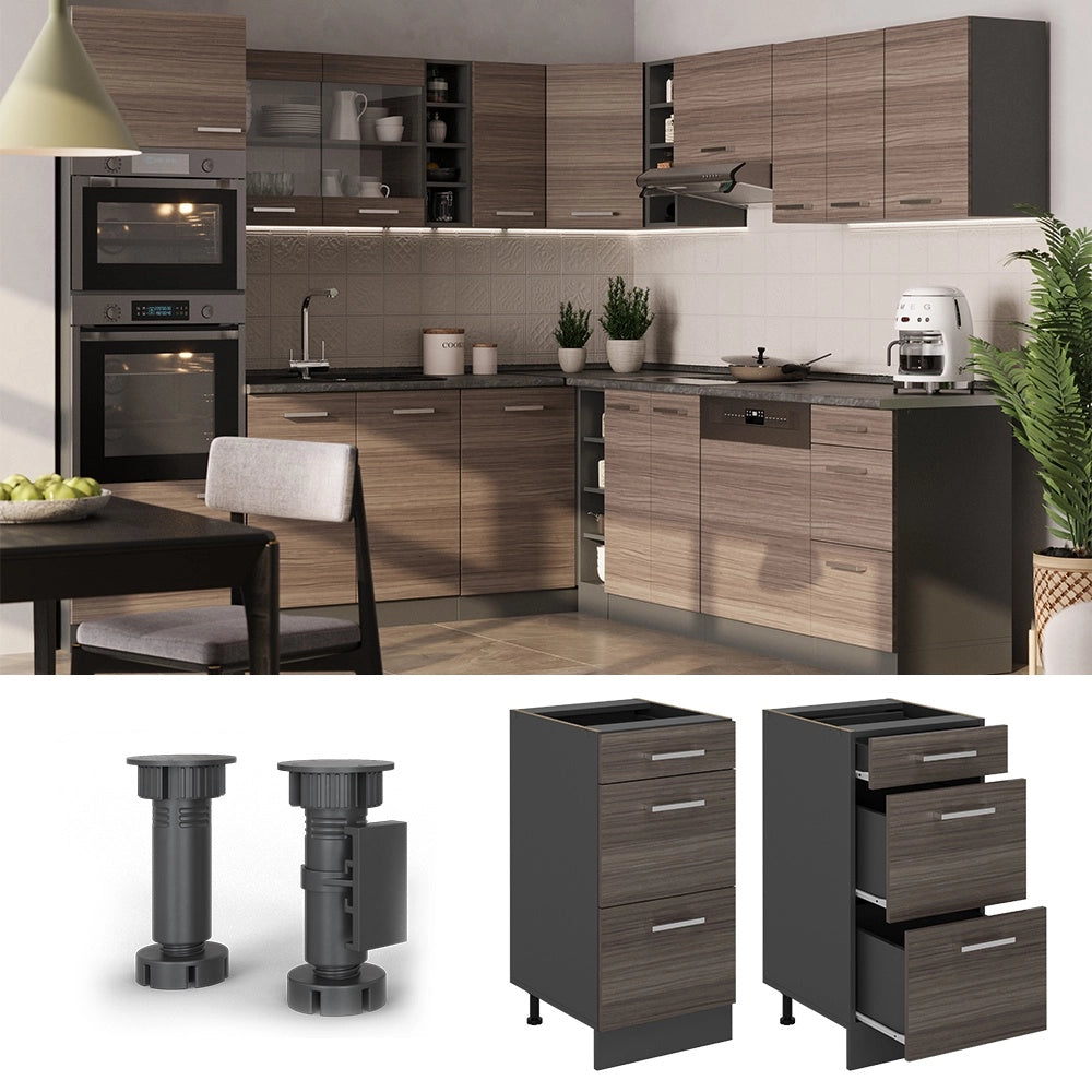 Mobiletto base per cucina R-Line Grigio nobile/Antracite 40 cm con cassetti, senza piano di lavoro Vicco