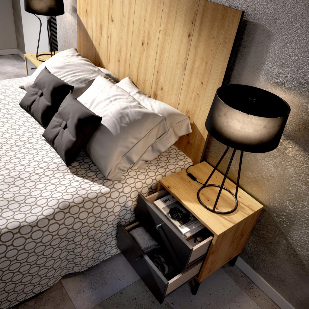 Testiera letto Alaca, Spalliera letto per camera matrimoniale, Testata letto matrimoniale con 2 comodini, 244x37h127 cm, Rovere e Antracite