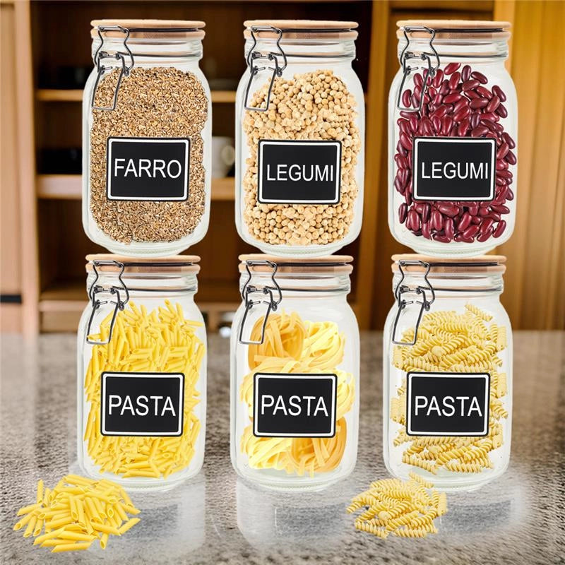 MA MAISON SET 6 PURE GLAS BARATTOLI IN VETRO CON TAPPO IN LEGNO CHIUSURA A CLIP + ETICHETTA PER PERSONALIZZAZIONE 12X12X20H CM