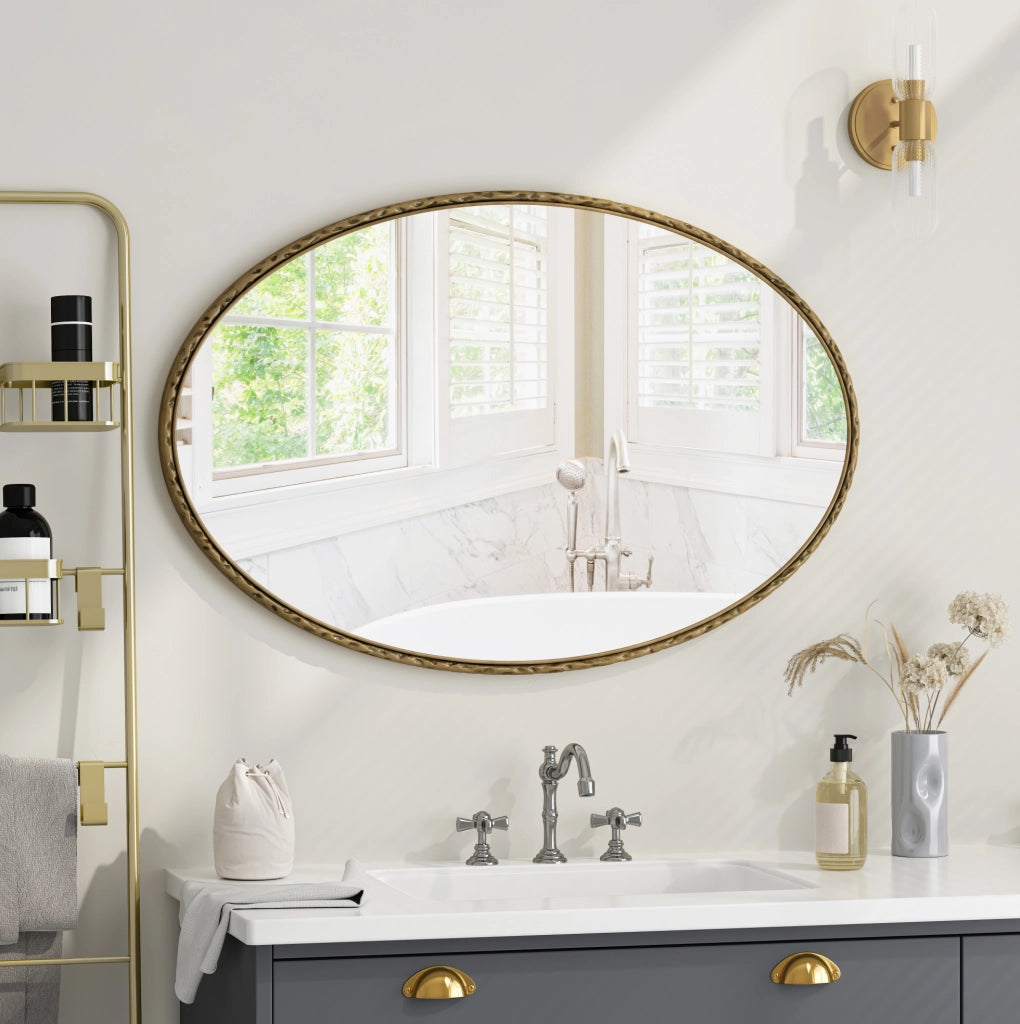 Specchio ovale da parete 110x75x11.5 cm; montaggio verticale e orizzontale; in vetro; oro
