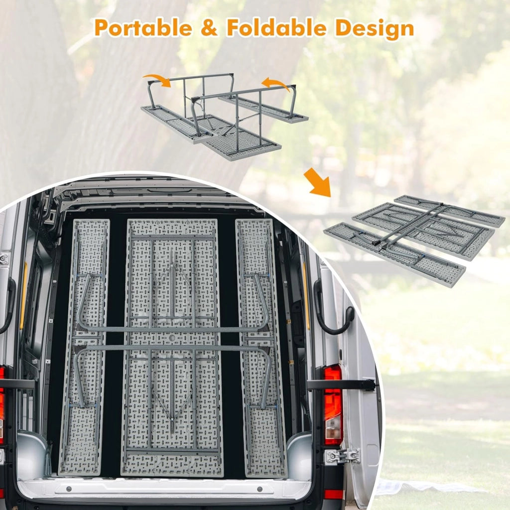 Set tavolo da picnic con panchine, set di mobili da giardino pieghevole per 8 persone con telaio in metallo piano in HDPE, 183 cm foro per ombrellone, grigio