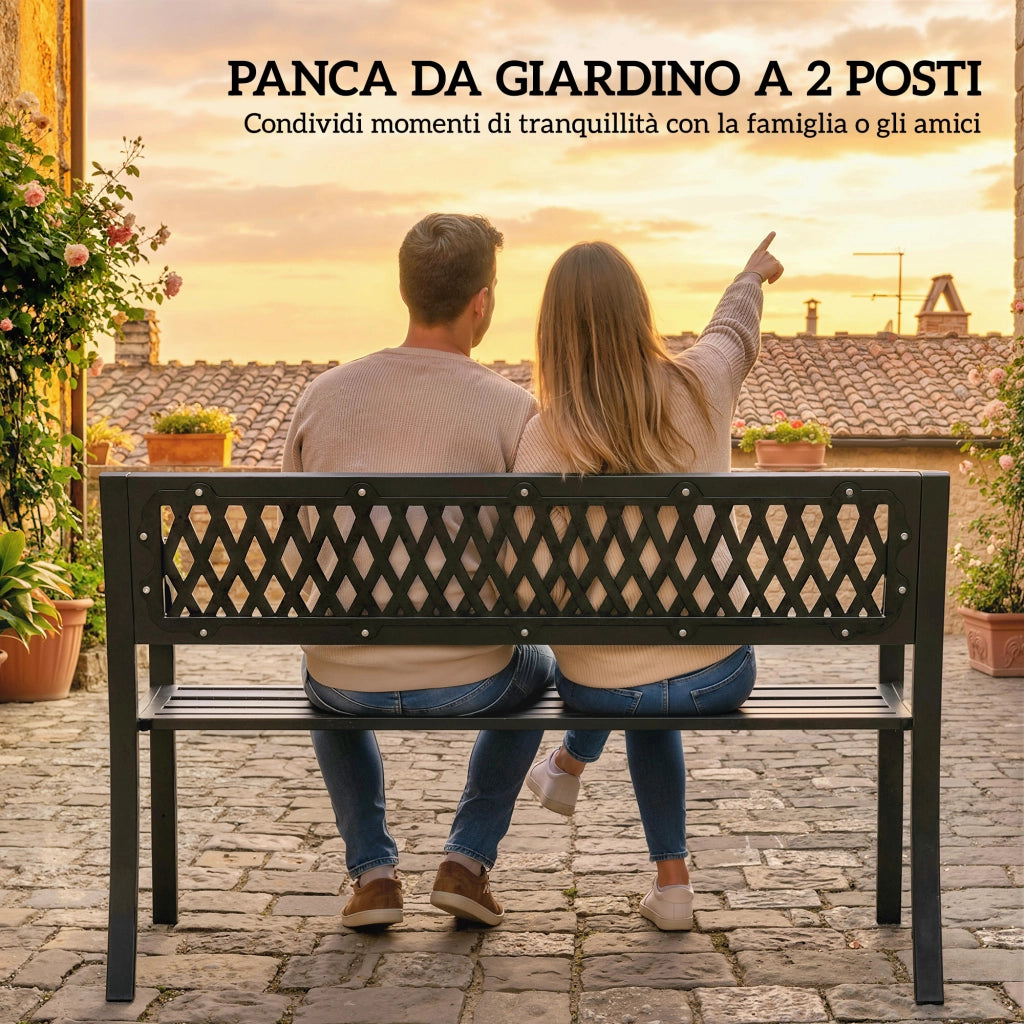 Panchina da Giardino 2 Posti a Doghe con Braccioli, in Metallo, 119x50x75 cm, Nero