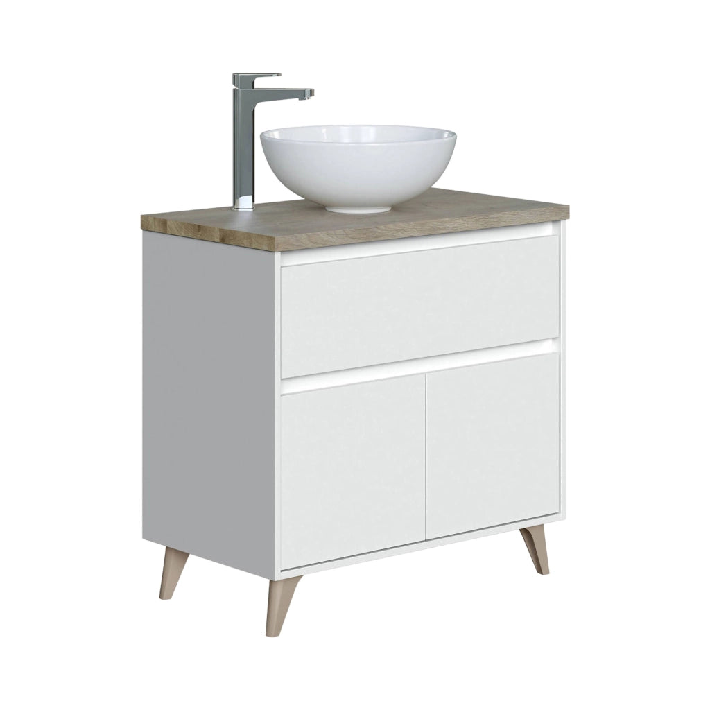 Mobile sottolavabo Furie, Mobiletto per bagno a 2 ante e 1 cassetto, Armadietto da terra, lavabo non incluso, 78,5x46h80 cm, Bianco lucido e Olmo