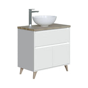 Mobile sottolavabo Furie, Mobiletto per bagno a 2 ante e 1 cassetto, Armadietto da terra, lavabo non incluso, 78,5x46h80 cm, Bianco lucido e Olmo