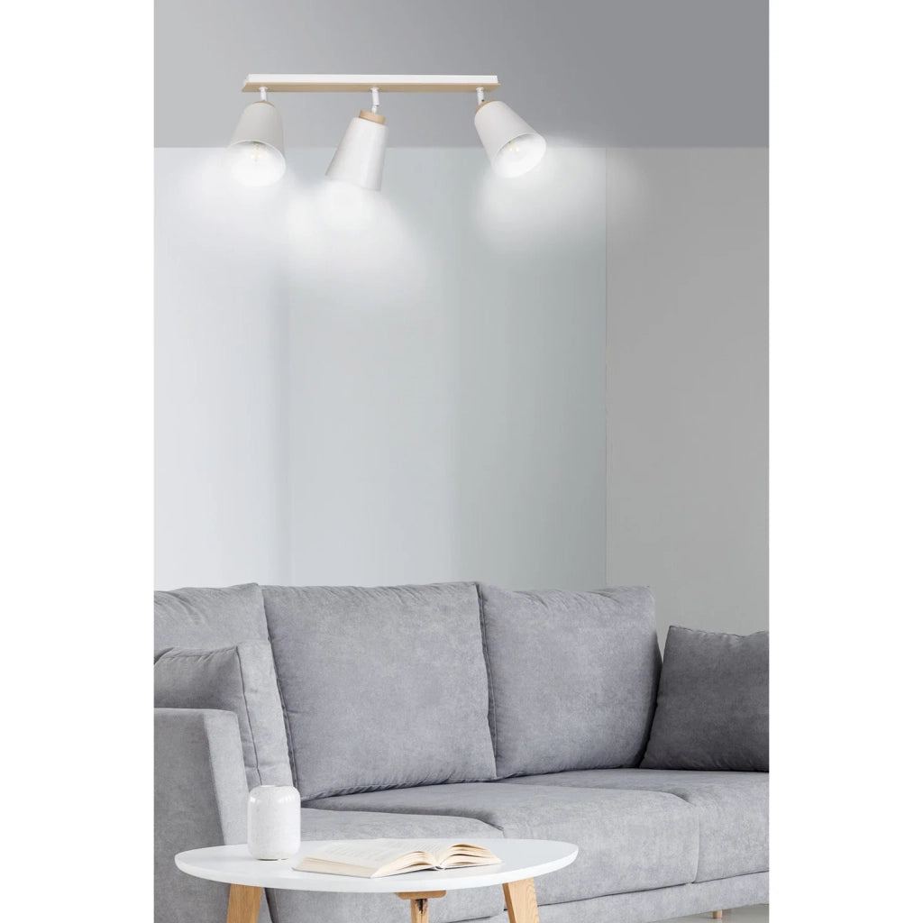 Plafoniera Spot Faretti Orientabili 3 Luci Xiwangmu Acciaio Bianco E Legno Naturale