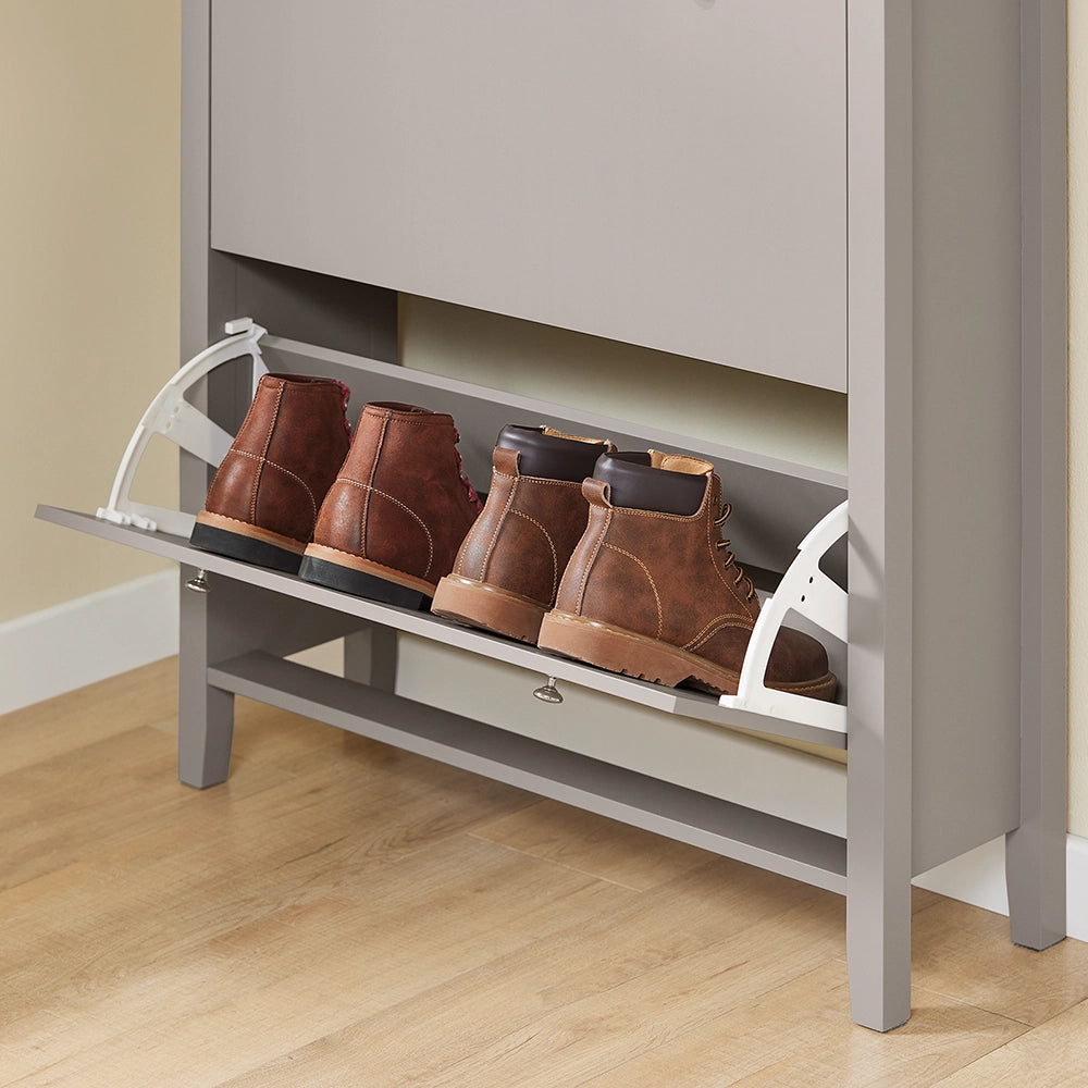 SoBuy Scarpiera Salvaspazio Slim Ingresso - Mobile Scarpiera con Cassetto e 2 Ante a Ribalta per 12 Paia - Design Nordico in Legno, Facile Montaggio, 78x24x108 cm, Marrone Chiaro, FSR89-KA