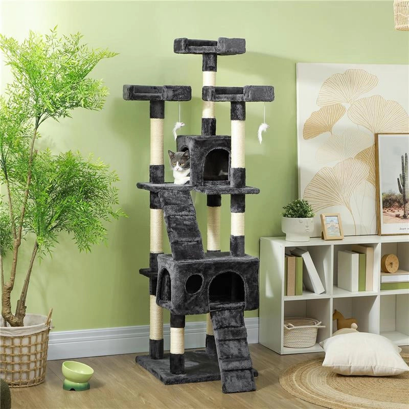 ALBERO TIRAGRAFFI PER GATTI CON 3 POSATOI, 2 CASETTE E GIOCHI APPESI, IN LEGNO E PELUCHE, 49X49X173 CM, GRIGIO
