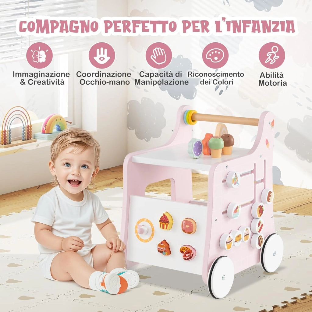 Girello 2 in 1 per Bambini, Carrello Primi Passi in Legno con Spazio di Archiviazione, Negozio di Dolci con Gelati, Cursori, Labirinto, Piatto e Cucchiaio, Centro Attività per 1+ Anni (Rosa)