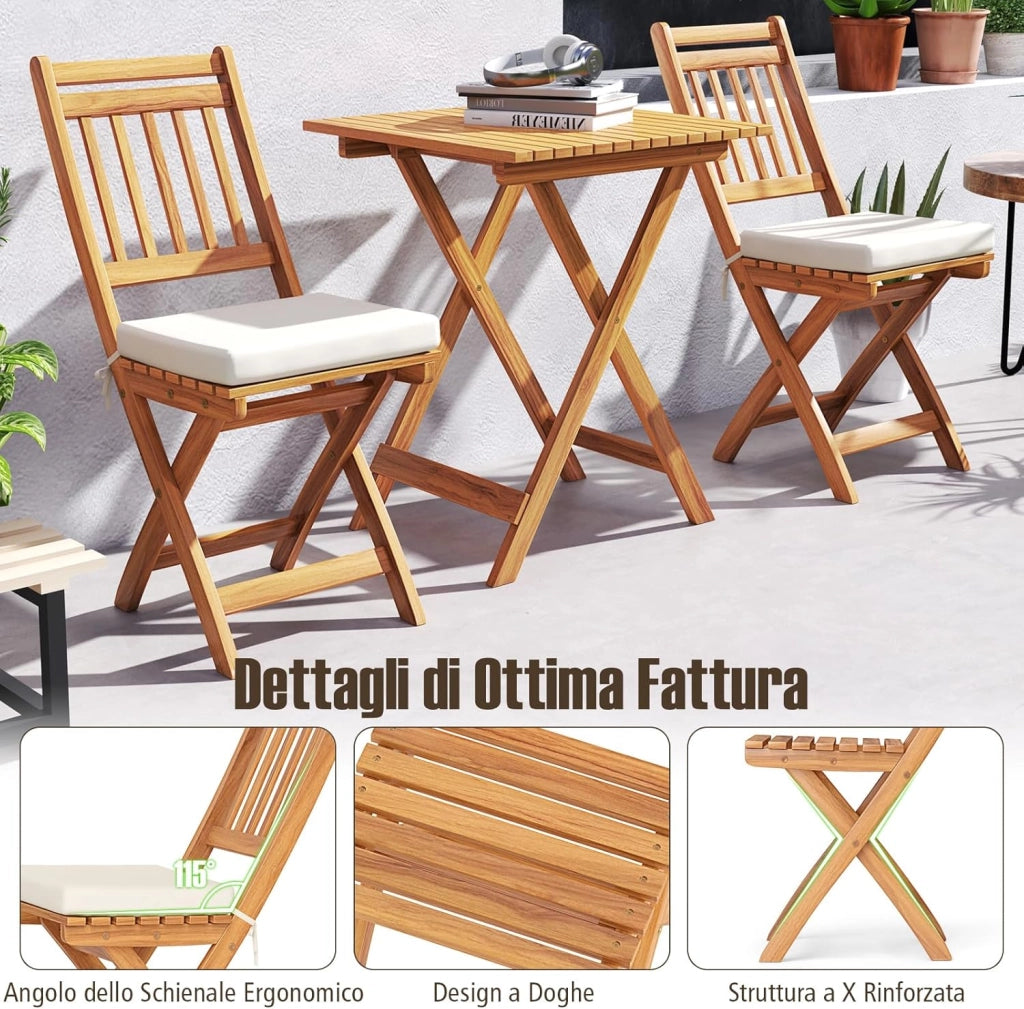 Set Bistro da Esterno in Legno di Acacia, Tavolo e 2 Sedie Pieghevoli con Cuscini, Tavolo Portata 80 kg/Sedia Portata 180 kg (Modello 2)