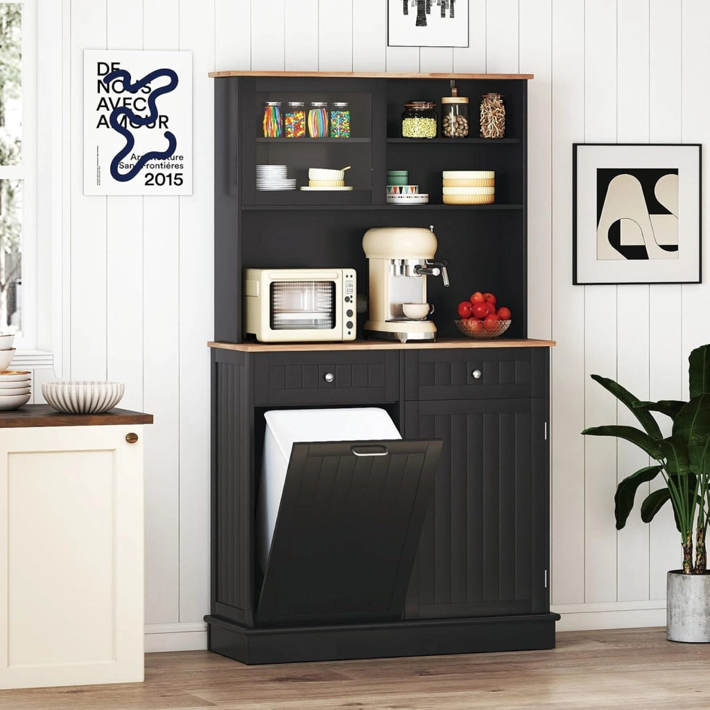 Credenza da Cucina con 3 Ante, 2 Cassetti e Pattumiera 38 L, Piano di Lavoro in Legno, 3 Ripiani Regolabili e 4 Armadi, 100 x 34 x 172 cm, Ideale per Cucina e Soggiorno (Bianco)