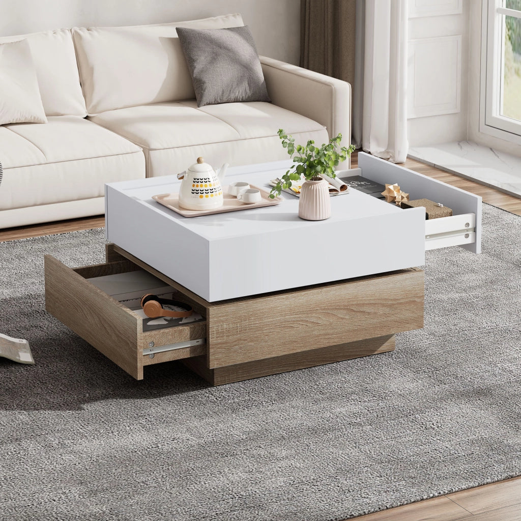 TAVOLINO Rotante 60x60x38 cm Bianco e Noce con 2 cassetti