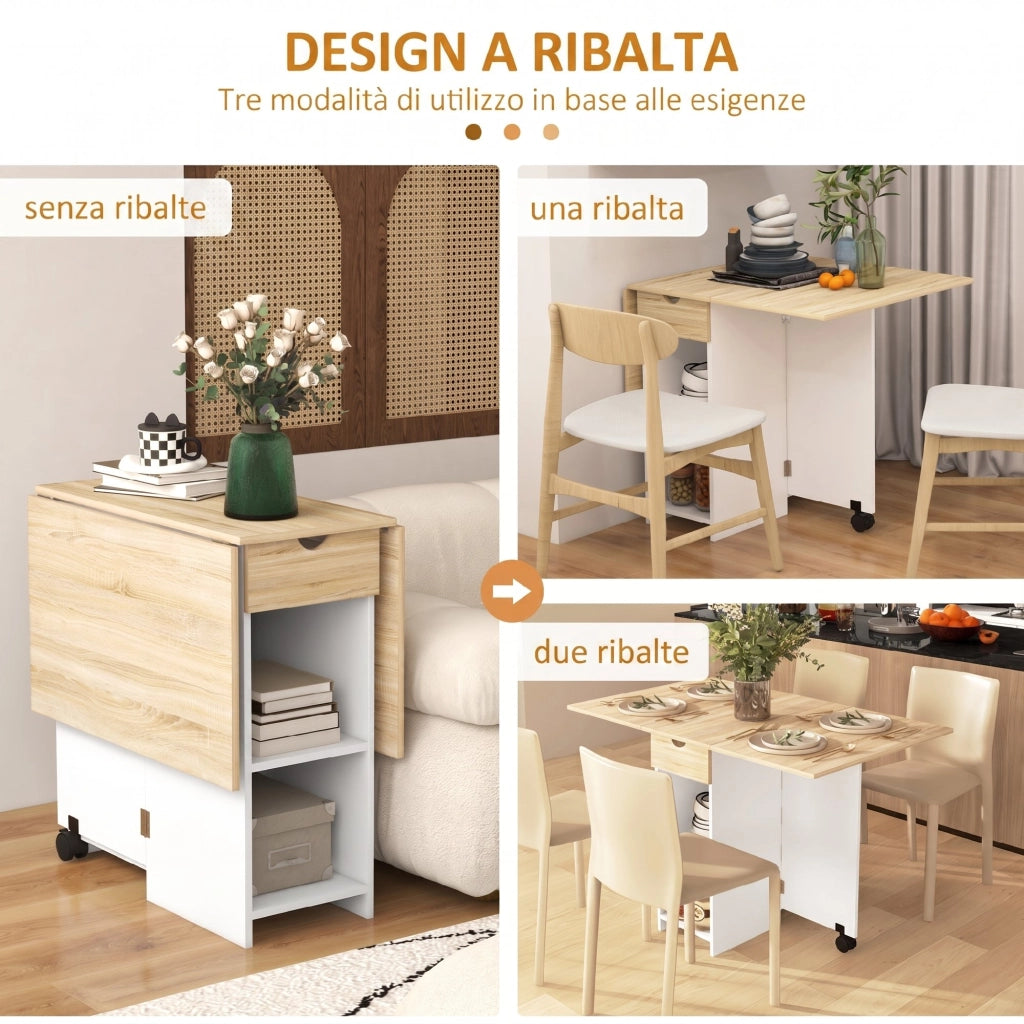 Tavolo da Pranzo Pieghevole Salvaspazio con Cassetto e Ripiani ¨C Zephmum ¨C Rovere