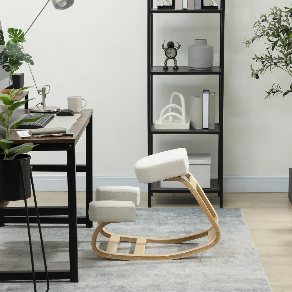 Sedia Ergonomica con Inginocchiatoio in Legno di Betulla e Cuscino, 51x69x58 cm, Crema