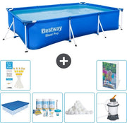 Piscina in acciaio rettangolare Pro - 300 x 201 x 66 cm - Blu - Inclusa copertura - Kit di manutenzione - Palline filtranti - Pompafiltro per piscine - 7 pezzi