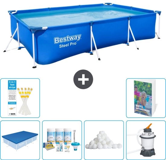 Piscina in acciaio rettangolare Pro - 300 x 201 x 66 cm - Blu - Inclusa copertura - Kit di manutenzione - Palline filtranti - Pompafiltro per piscine - 7 pezzi