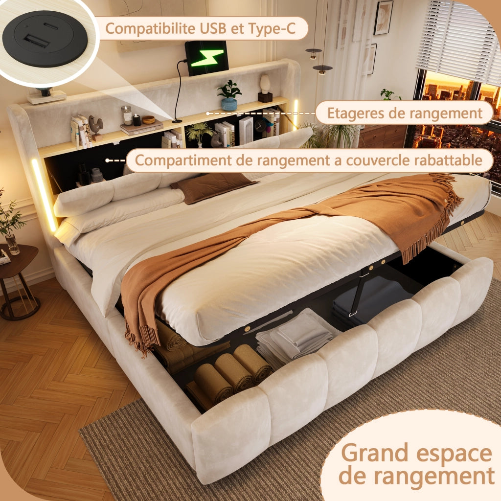 Letto contenitore imbottito con vano idraulico e LED RGB LEMONMAX; 180x200 cm; testiera con vano; USB-C; velluto; beige