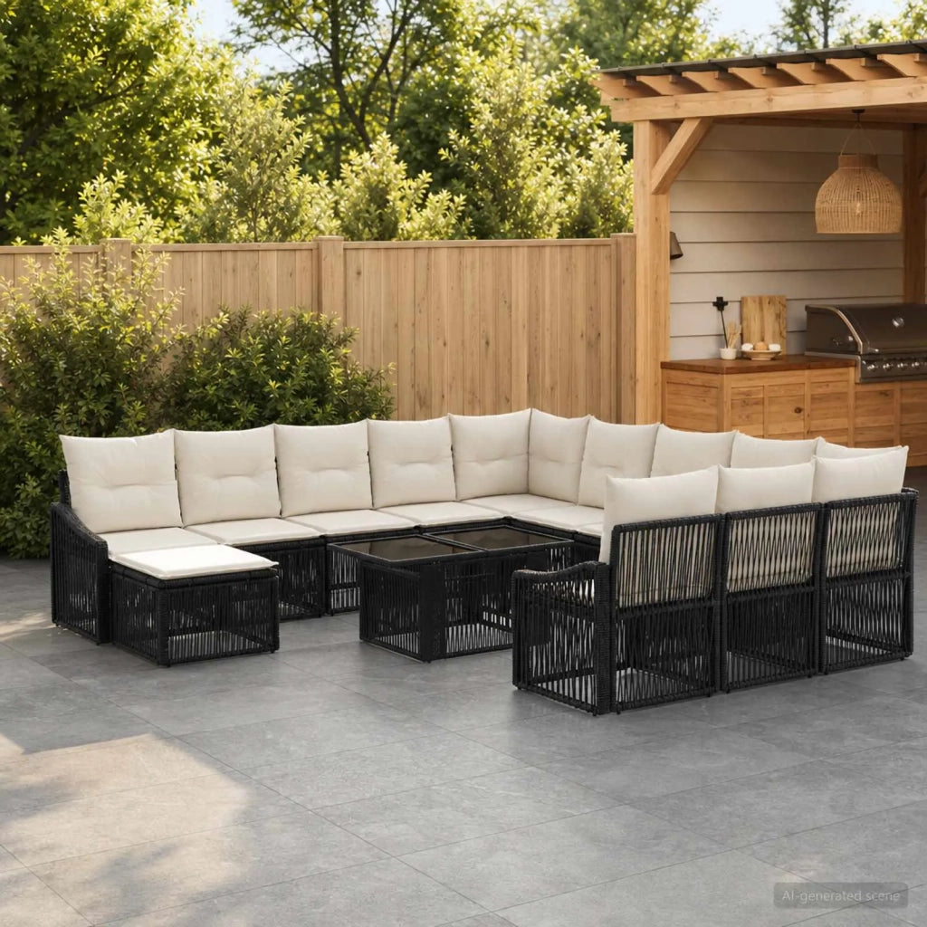 Set Divano da Giardino 13 pz Nero e Bianco Crema polyrattan 3437347