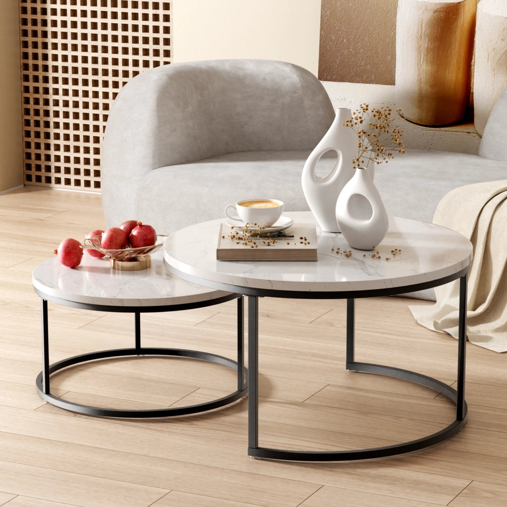 Set di 2 tavolini da salotto impilabili; MDF e metallo; nero