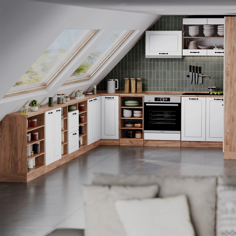 Mobile cucina sottotetto R-Line Bianco rustico/Rovere dorato 60 cm con 2 porte, carcassa 60 cm profondità Vicco