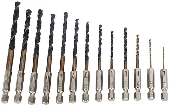 Drill aereo a spirale 13 pezzi - Zeskantschacht - Alta efficienza di foratura - Acciaio inossidabile - Cambio rapido - Punto 135° a spirale - Set di foratura