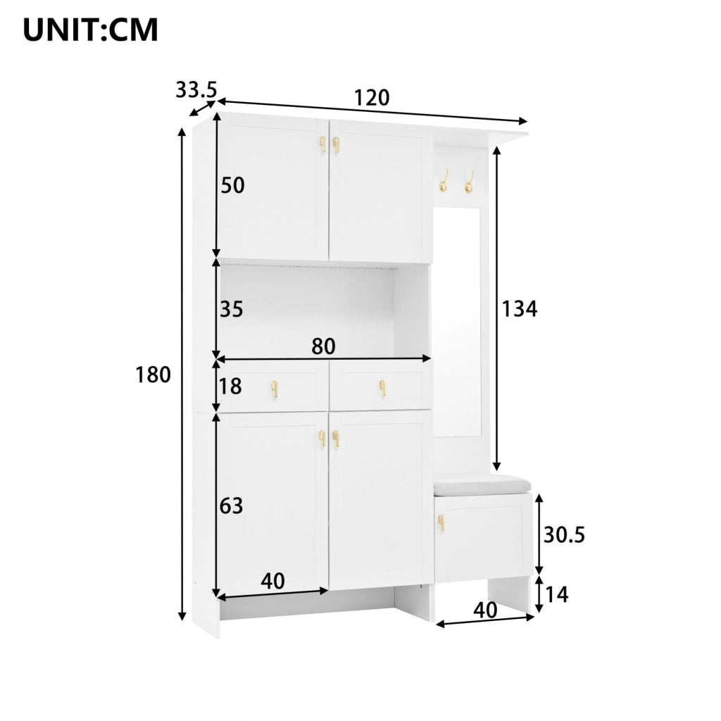 Set ingresso con panca; scarpiera; appendiabiti e specchio 120x33;5x180 cm; bianco
