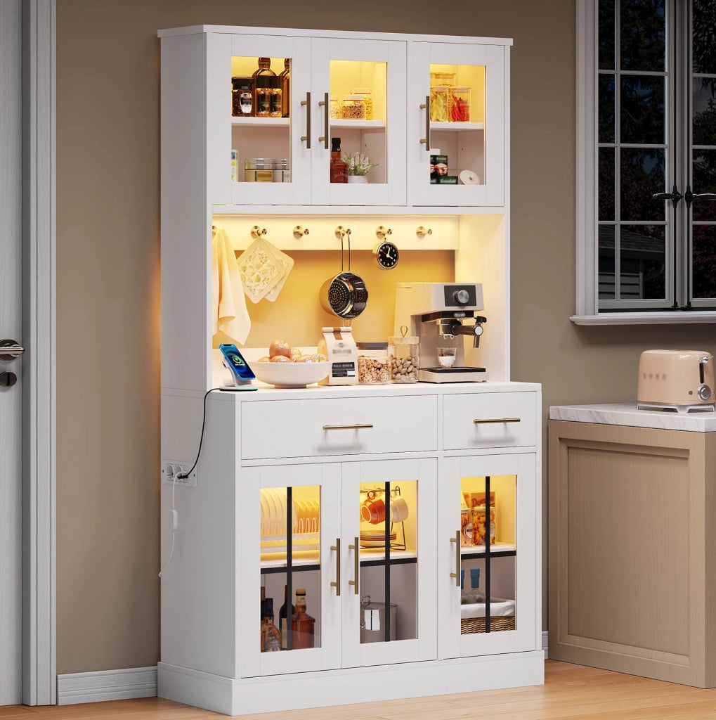 Credenza da cucina bianca con LED RGB, 6 ante e 2 cassetti