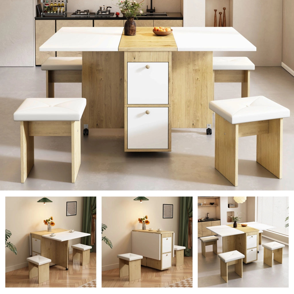 OKWISH Set Tavolo e 4 Sedie da Pranzo Pieghevole e Salvaspazio, Multifunzionale, in Pannello di Particelle Bianco e Rovere