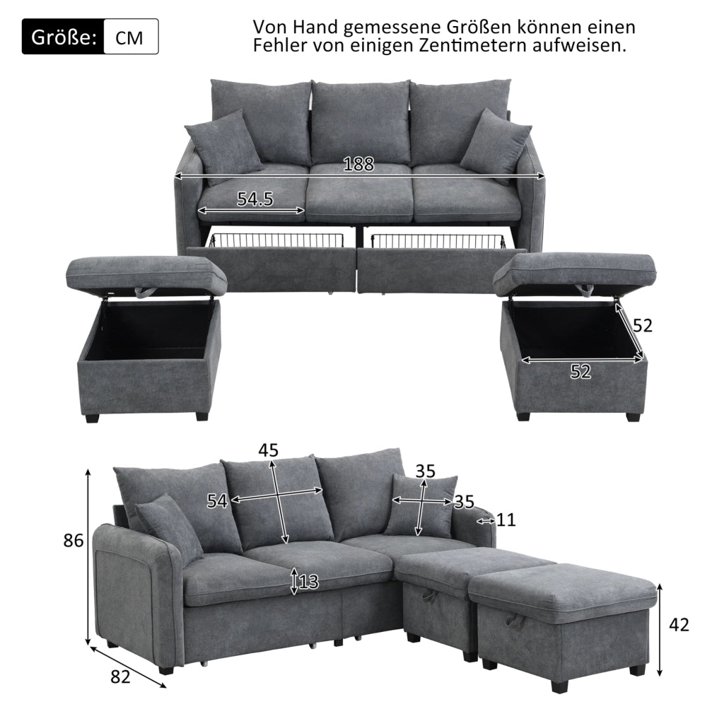 Divano angolare con 2 pouf contenitore; funzione letto; schiuma; grigio scuro