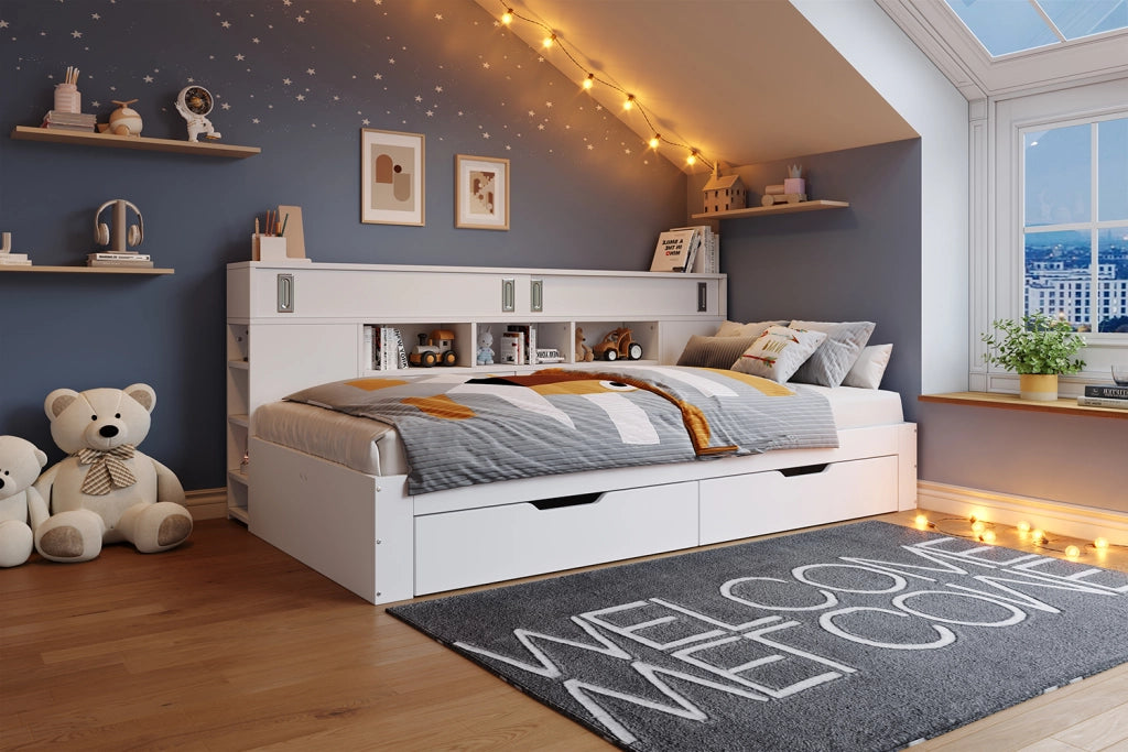 Letto singolo 90x200 cm in MDF bianco con cassetti, ripiani e armadietto, senza materasso