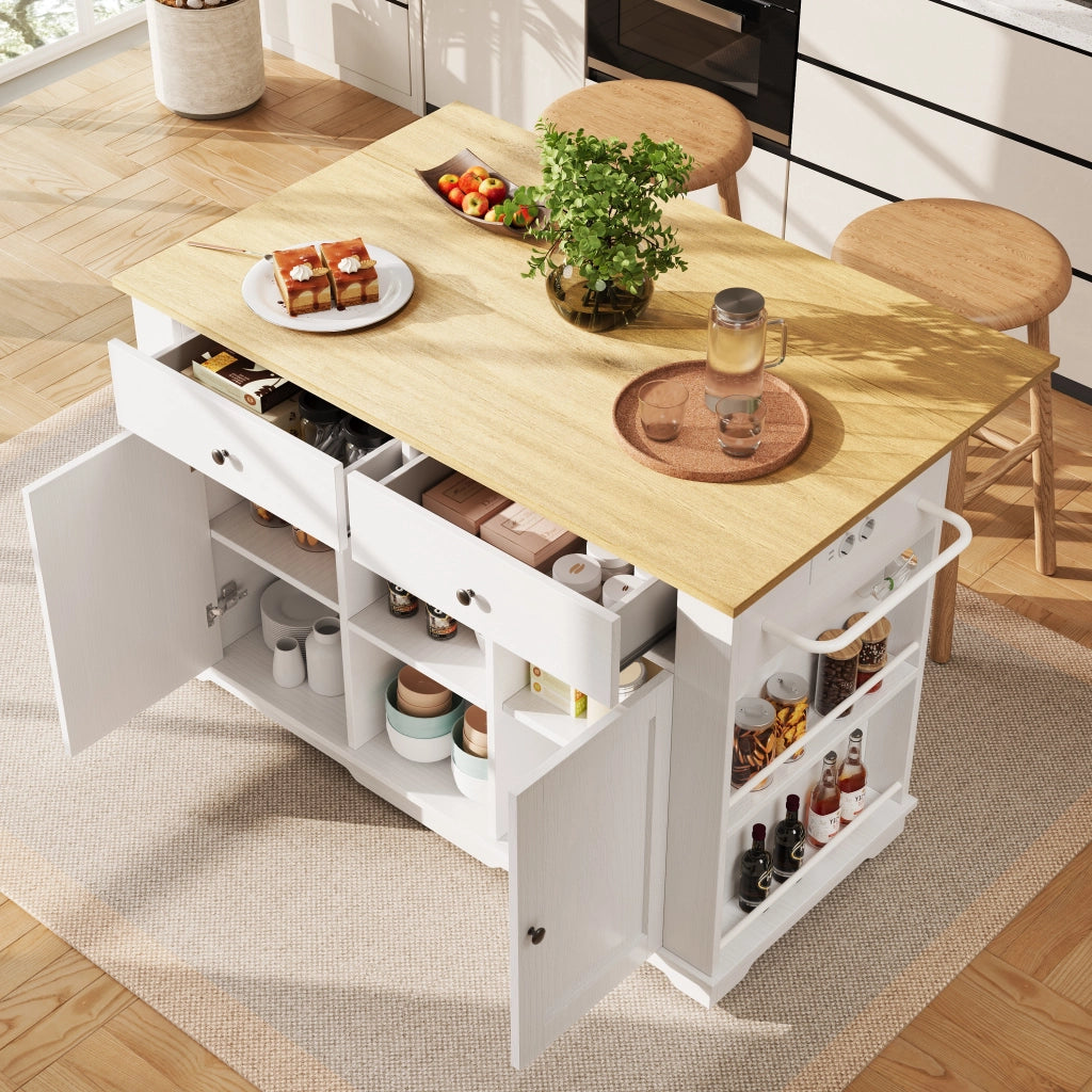 Carrello da Cucina con 2 Cassetti e 6 Vani; Prese Integrate e Piano Ribaltabile; in MDF e Metallo; Bianco Naturale