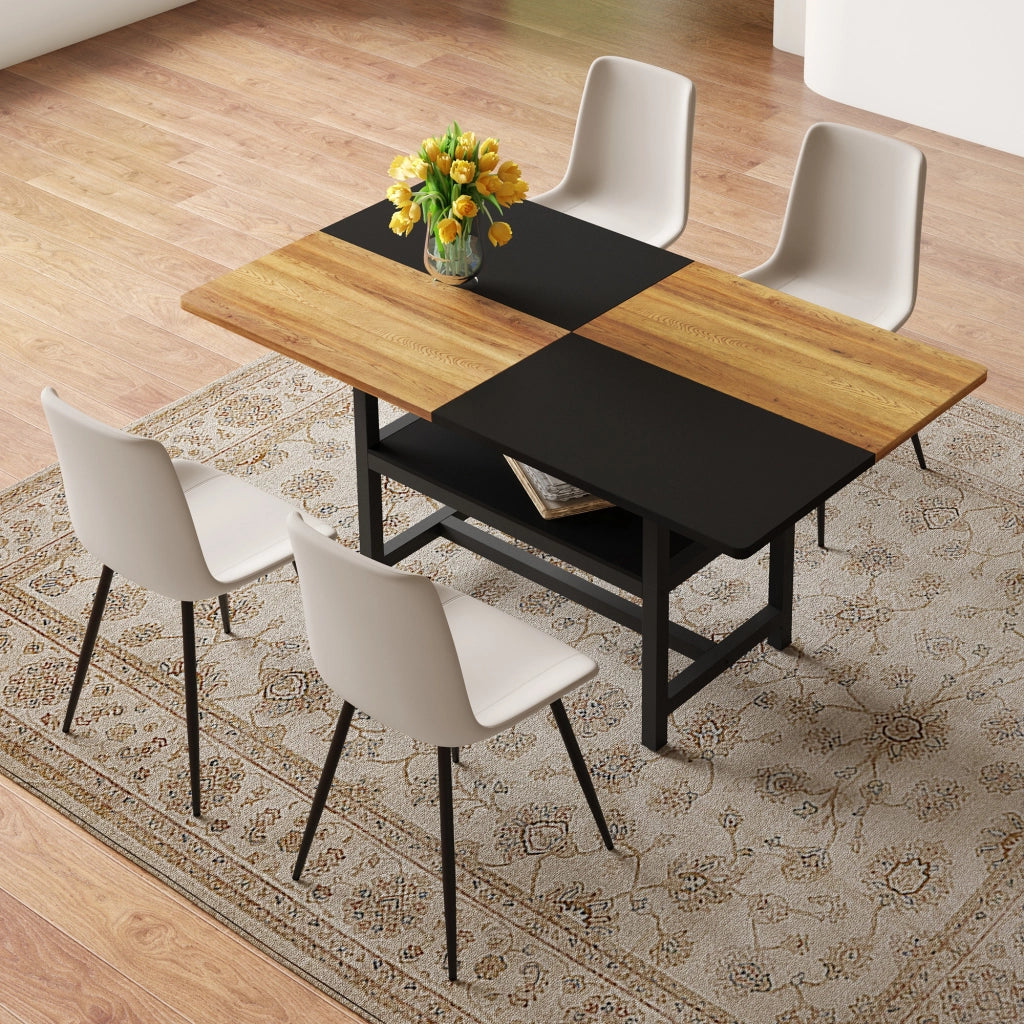 Tavolo da pranzo rettangolare con ripiano integrato e 4 sedie, MDF e metallo, per cucina e sala da pranzo, 160 cm