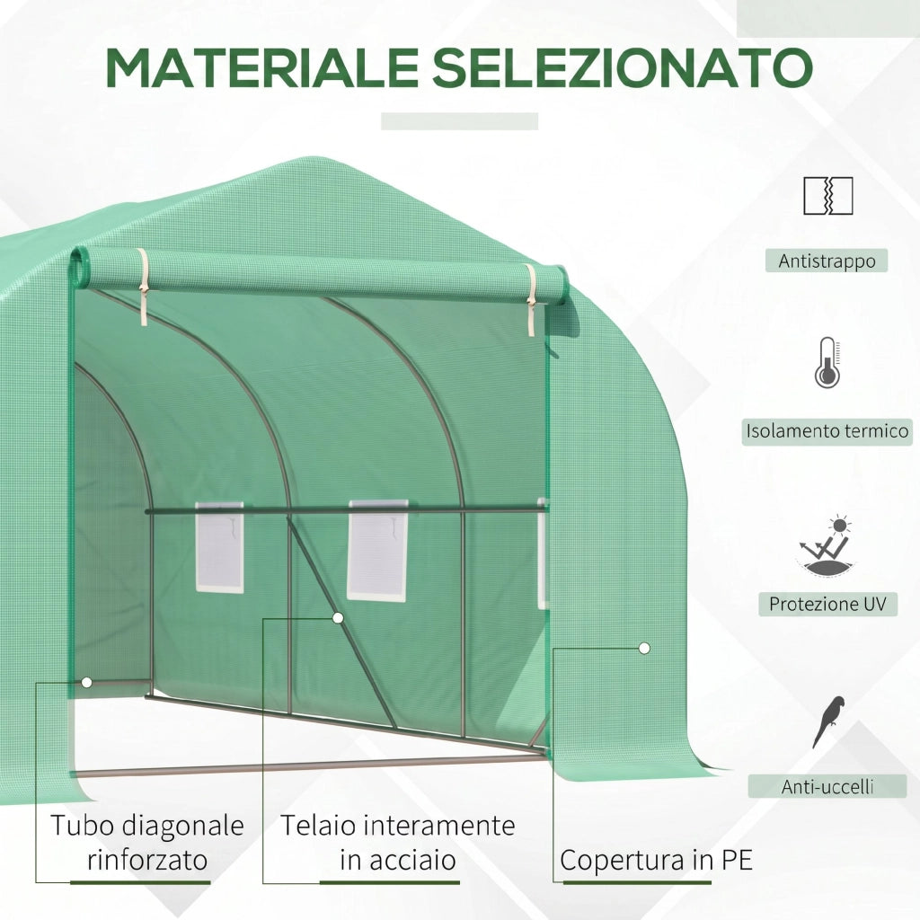 Serra per Orto a Tunnel 4.5x3x2m con Tetto Spiovente in PE e Tubi d'Acciaio Verde Scuro