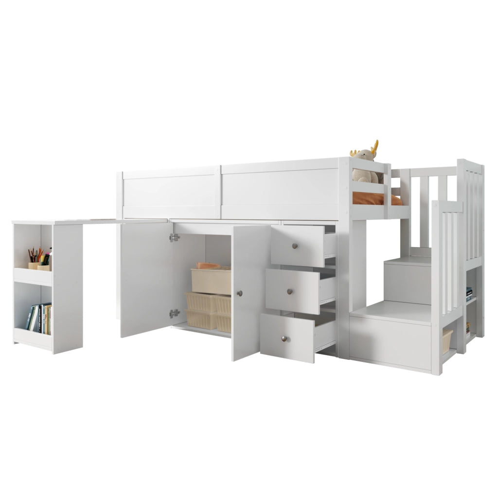 Letto a soppalco per bambini 90x200 cm bianco con scrivania estraibile e armadi