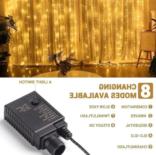 Decorazione esterna per Natale tenda di luce 2M x 3M 300LEDs tenda di luce oscillante espandibile 8 modalità funzione di memoria impermeabile IP44 tenda di luce per Natale luce per decorazione Natale festa finestra - bianco caldo