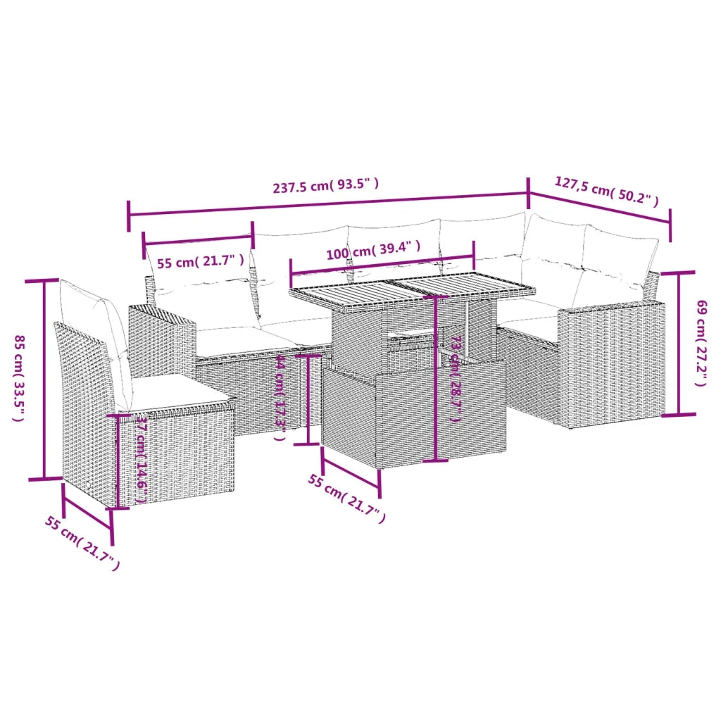 Set Divani da Giardino con Cuscini 7pz Nero Polyrattan