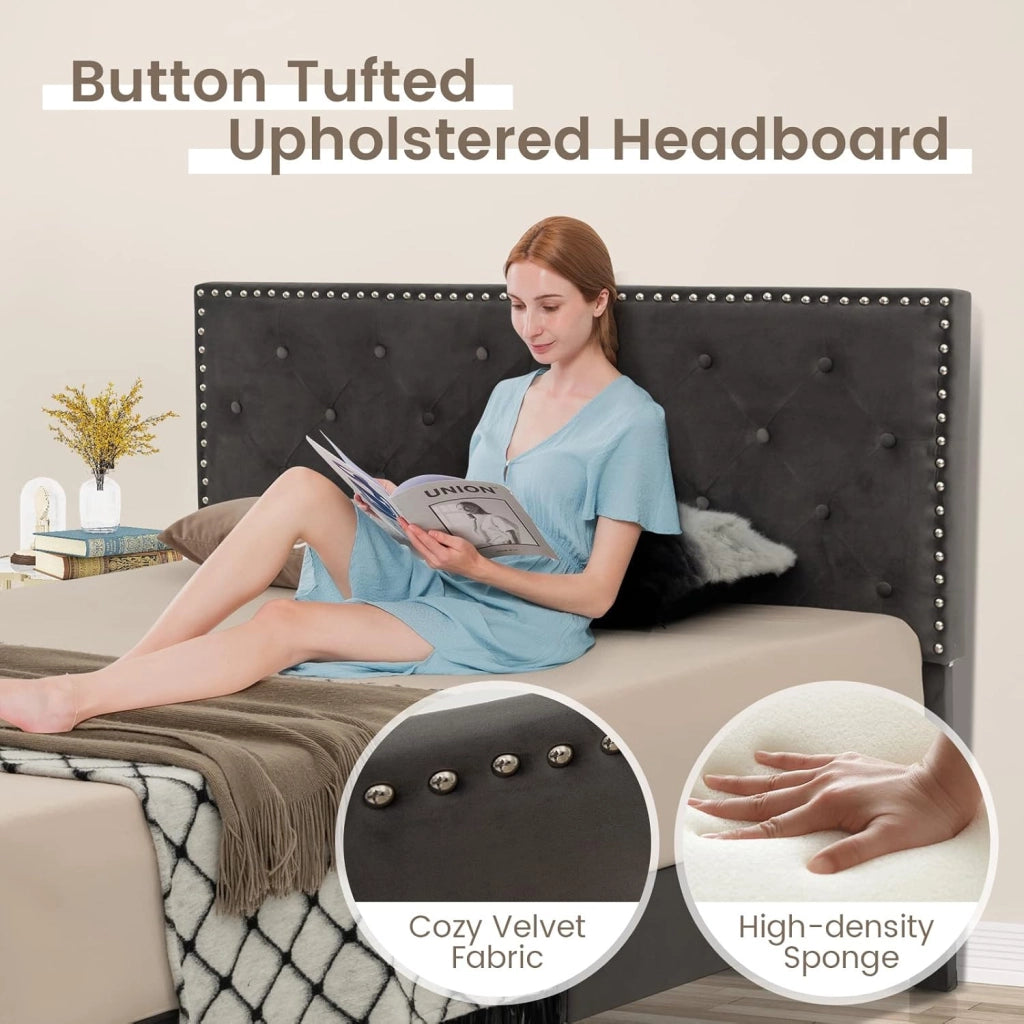 Letto a piattaforma imbottito matrimoniale/reggiseno, struttura del letto moderna con testata con bottoni, senza bisogno di molle, grigio (200X140 CM)