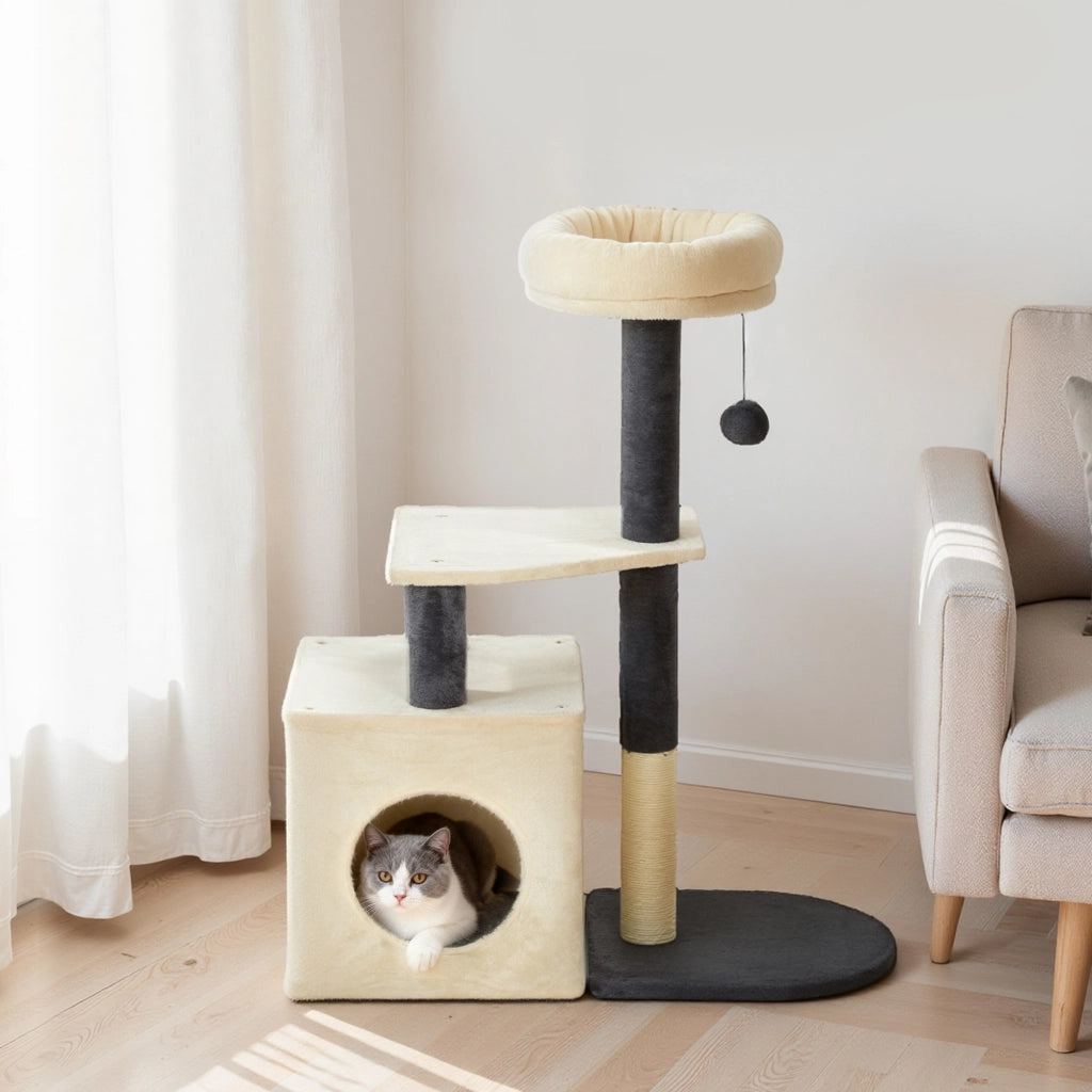 Tiragraffi per Gatti con Casetta e Lettino ¨C Zephmum ¨C Bianco Crema 92 cm