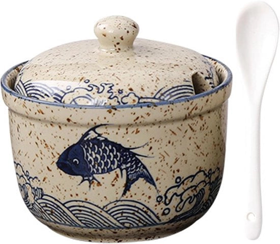 Ciotola di Zucchero in Ceramica con Coperchio e Cucchiaio - Ideale per Spezie - 1 Pezzo - Bianco