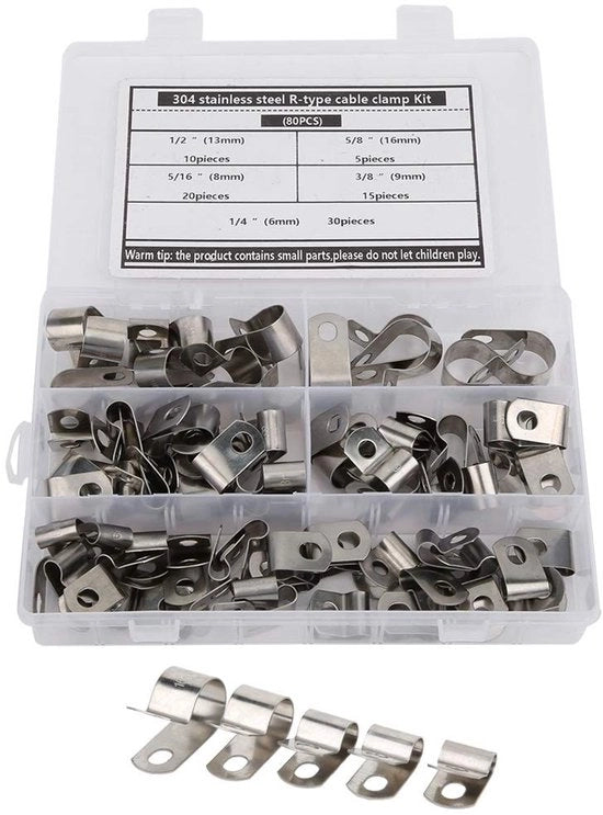 Clip per cavi 80 pezzi - R-Type - Clip per cavi - Adatto per cavi/pipistrelli - Diversi diametri - Per uso interno/esterno - Clip per cavi