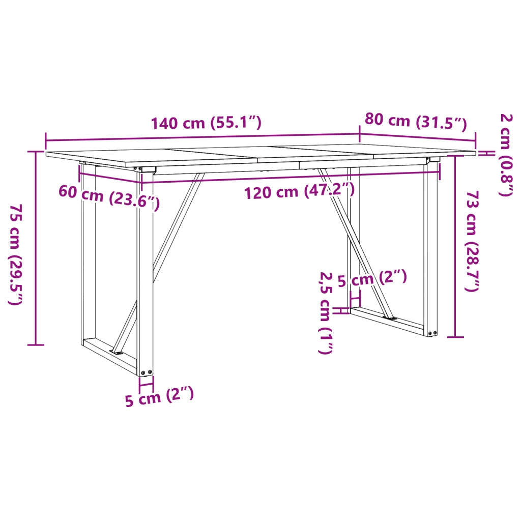 Tavolo da Pranzo Telaio a O 140x80x75 cm Legno Pino e Acciaio