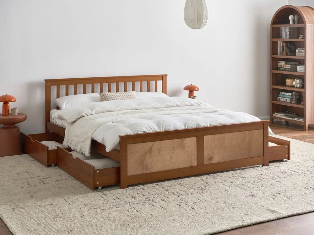 Letto matrimoniale in legno di pino e MDF 160 x 200 cm con contenitore a 4 cassetti marrone stile minimalista