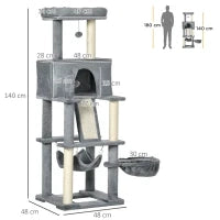 Albero Tiragraffi per Gatti con Pali in Sisal, Casetta, Lettino e Amache, 48x48x140cm, Grigio
