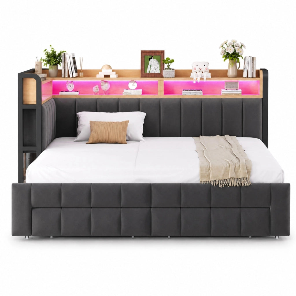 Divano letto imbottito 90x200 trasformabile 180x200, contenitori, cassetti, LED e USB/Type-C