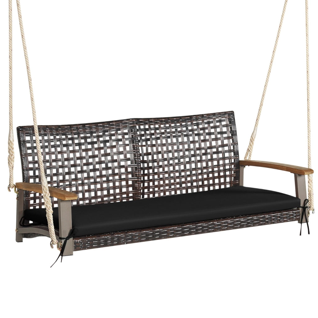 Sedia dondolo in rattan a 2 posti con cuscino e braccioli in legno di acacia, Panchina dondolo in vimini Nero