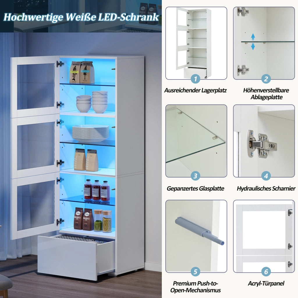 Vetrina con LED, 3 ante in acrilico, 1 cassetto e 6 vani, per soggiorno, in MDF e vetro, bianco, 60 × 40 × 173 cm