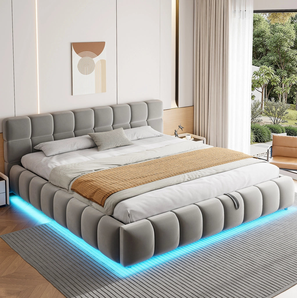 Letto matrimoniale imbottito 180x200 cm in velluto grigio con LED e contenitore idraulico