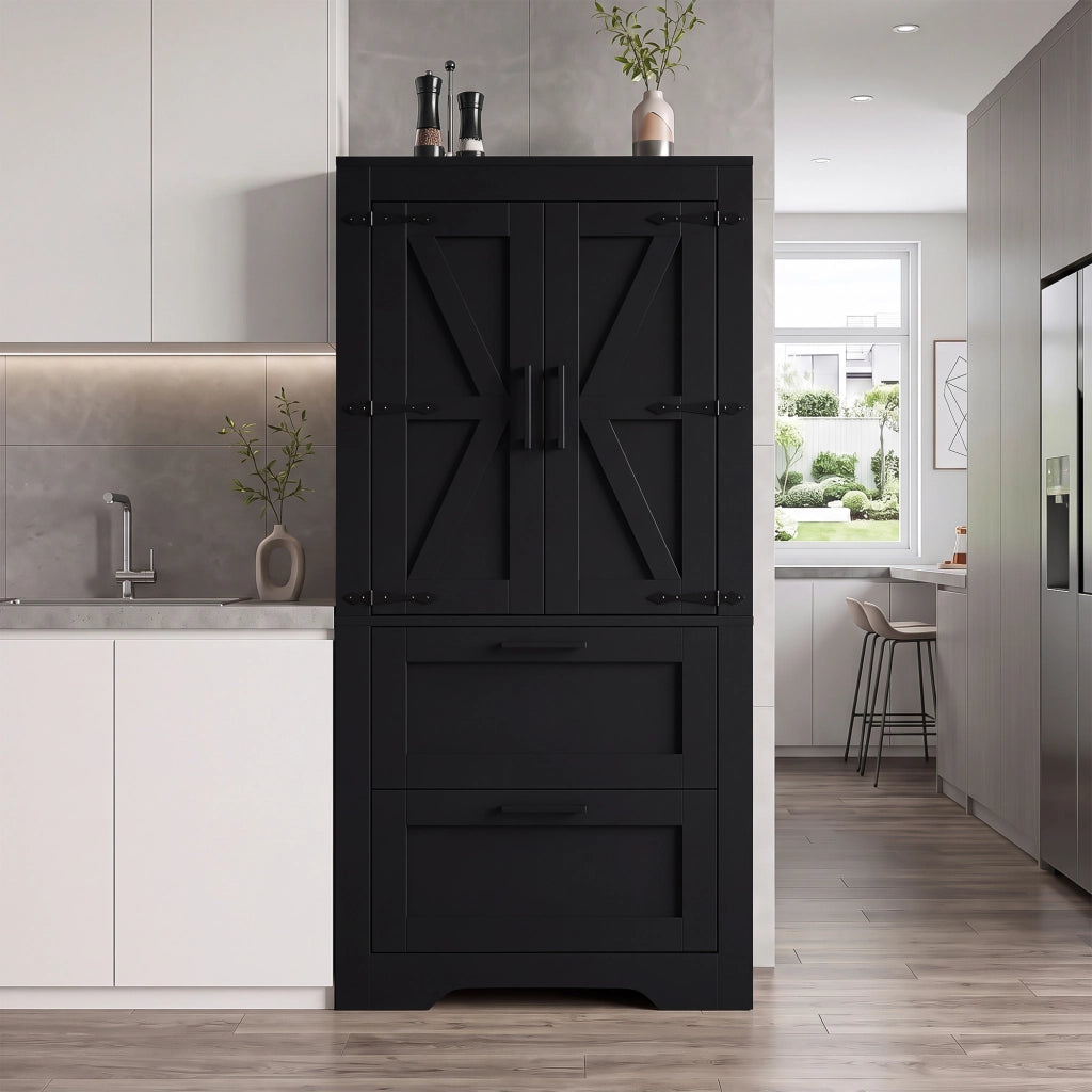 Credenza alta stile rustico con 2 cassetti e ripiani regolabili 60x30x128 cm; nera