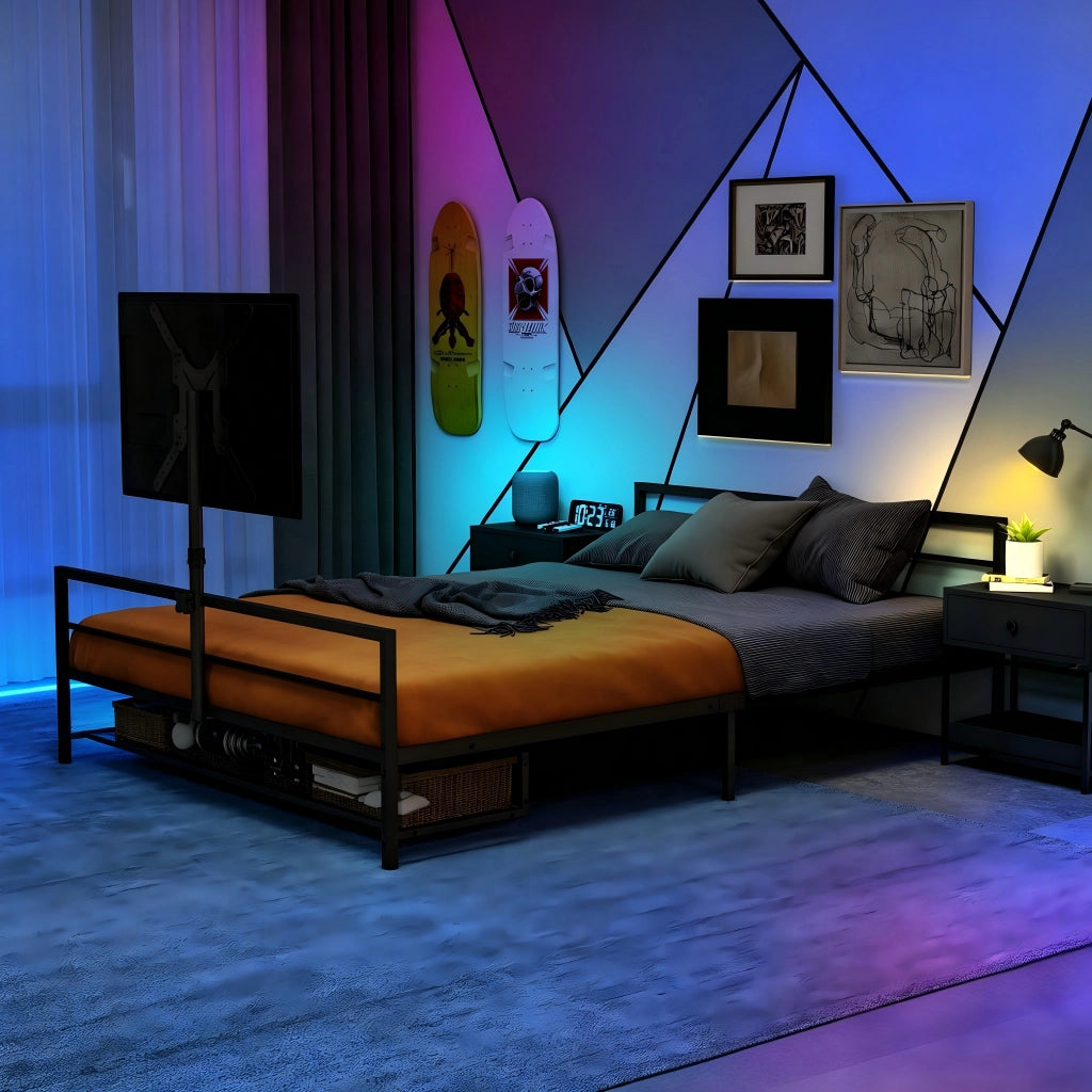 LETTO Gaming in Metallo Nero con Supporto Regolabile e Luci LED